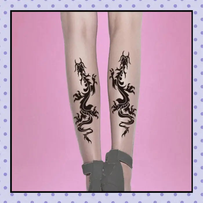 Collant effet tatouage tattoo tights motif dragon noir tribal