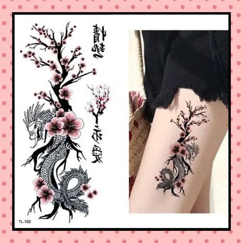 Tatouage éphémère femme, tatouage temporaire, faux tattoo, motif dragon fleurs de cerisiers