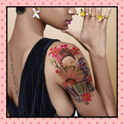 Tatouage éphémère femme, tatouage temporaire, faux tattoo, motif geisha éventail